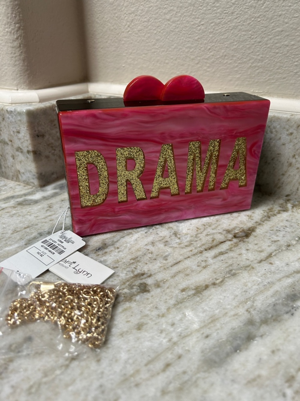 Bari Lynn Pink 'DRAMA QUEEN' Acrylic Clutch with chain Gold Glitter Letters NWT